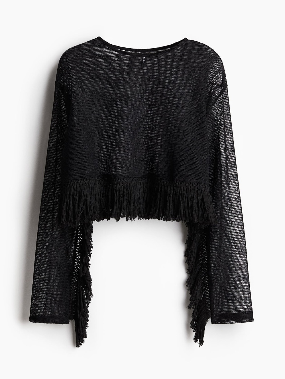 H&M Black Sheer Cropped Fringe Knit Top NWT